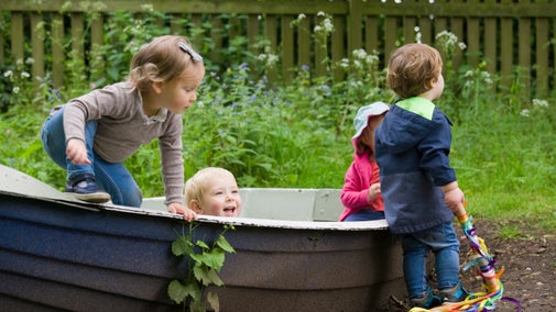 Children playing on a boat at River Wey and Godalming Navigations and Dapdune Wharf, Surrey
